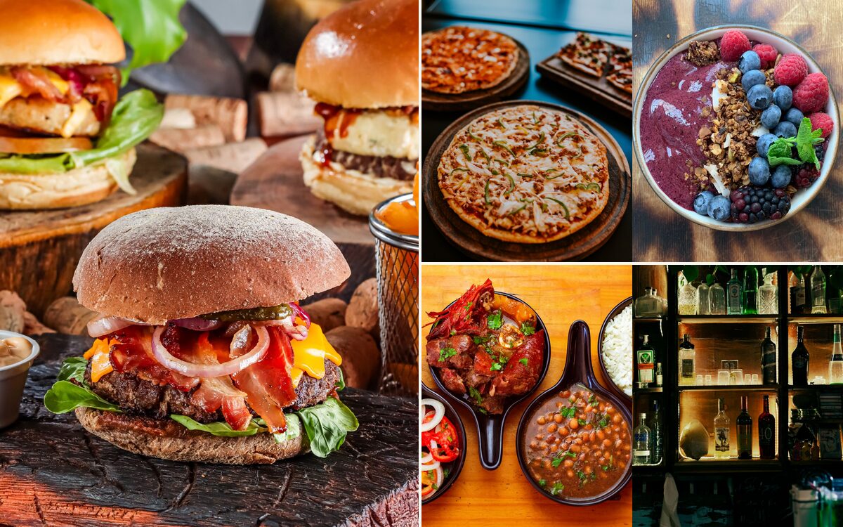 Colagem com cinco fotos: hambúrguer artesanal com bacon, pizzas em tábuas de madeira, tigela de açaí com frutas vermelhas, panelinhas de comida caseira e prateleira de bebidas de uma adega